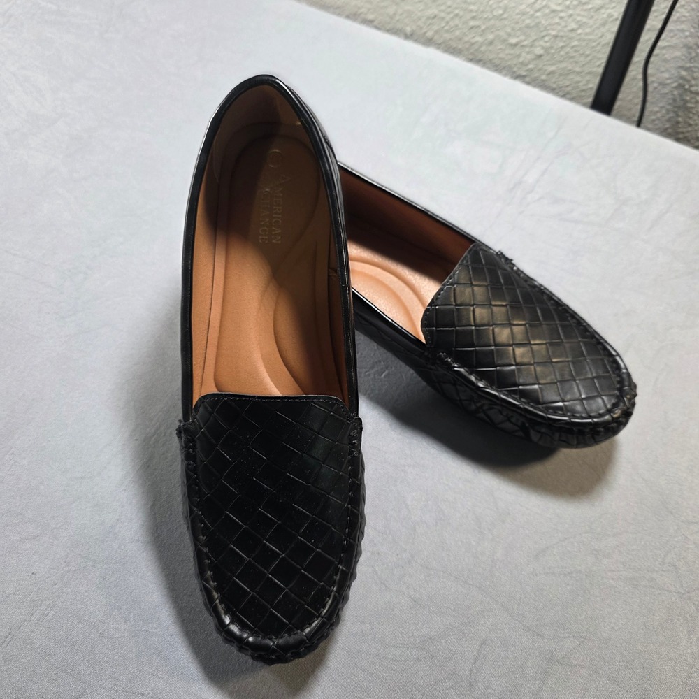 American Exchange Womens Black Woven Basketweave Slip On Loafers Size 11